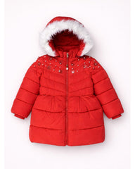 RED FANCY QUILTED PUFFER JACKET WITH HOODIE FOR GIRLS