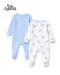 BABY ESSENTIALS BLUE 2 PACK ELEPHANT PRINT RIBBED ZIP SLEEPSUITS