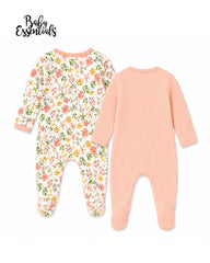 BABY ESSENTIALS PEACH 2 PACK FLORAL ZIP SLEEPSUITS