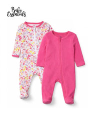 BABY ESSENTIALS PINK 2 PACK FLORAL AND RIBBED ZIP SLEEPSUITS