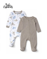 BABY ESSENTIALS TAUPE 2 PACK ANIMAL PRINT RIBBED ZIP SLEEPSUITS
