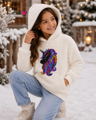 BEAUTEES IVORY SEQUIN UNICORN PLUSH FLEECE HOODIE