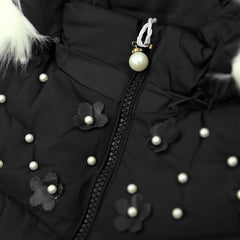 BLACK FANCY QUILTED PUFFER JACKET WITH HOODIE FOR GIRLS