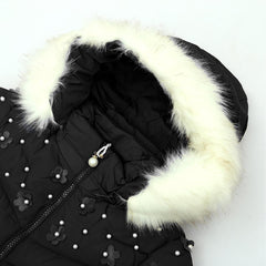 BLACK FANCY QUILTED PUFFER JACKET WITH HOODIE FOR GIRLS