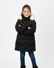 BLACK FANCY QUILTED PUFFER JACKET WITH HOODIE FOR GIRLS