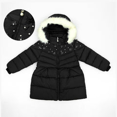 BLACK FANCY QUILTED PUFFER JACKET WITH HOODIE FOR GIRLS