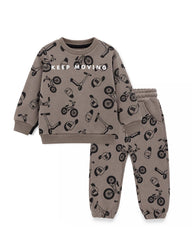 BOYS TAUPE GREY KEEP MOVING PRINT SWEATSHIRT & JOGGER SET