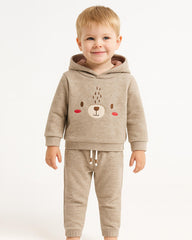 BRANDED BEIGE TEXTURED BEAR EMBROIDERED HOODIE WITH TROUSER SET