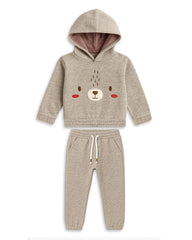 BRANDED BEIGE TEXTURED BEAR EMBROIDERED HOODIE WITH TROUSER SET
