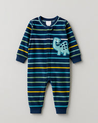 BRANDED COZY PLUSH STRIPED ROMPER WITH DINO PATCH