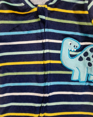 BRANDED COZY PLUSH STRIPED ROMPER WITH DINO PATCH