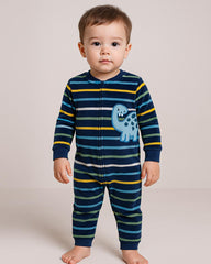 BRANDED COZY PLUSH STRIPED ROMPER WITH DINO PATCH
