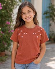 BRANDED GIRLS BROWN FLORAL EMBROIDERED T-SHIRT