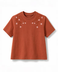 BRANDED GIRLS BROWN FLORAL EMBROIDERED T-SHIRT