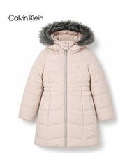 CALVIN KLEIN BLUSH PINK FAUX FUR HOODED LONG PUFFER COAT