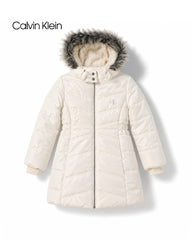 CALVIN KLEIN IVORY FAUX FUR HOODED LONG PUFFER COAT