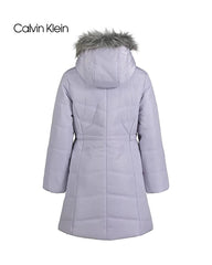 CALVIN KLEIN LAVENDER FAUX FUR HOODED LONG PUFFER COAT