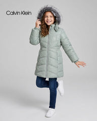 CALVIN KLEIN SAGE GREEN FAUX FUR HOODED LONG PUFFER COAT