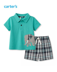 CARTERS 2 PCS ELEPHANT POLO T-SHIRT WITH PLAID SHORT SET