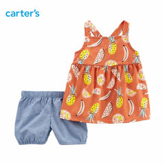CARTERS 2 PCS FRUIT FROCK & CHAMBARY SHORT SET