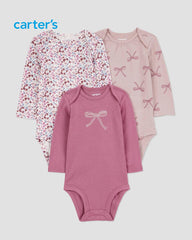 CARTERS 3 PACK FLORAL & BOW LONG SLEEVE COTTON BODYSUITS