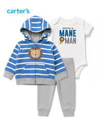 CARTERS 3 PCS BLUE STRIPED LION ZIP HOOD WITH TROUSER SET