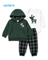 CARTERS 3 PCS GREEN ZIPPER HOODIE WITH PLAID TROUSER SET