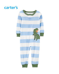 CARTERS BLUE STRIPED DINOSAUR ZIP ROMPER