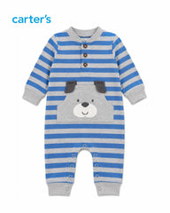 CARTERS BLUE STRIPED DOG POCKET ROMPER