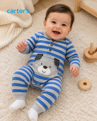 CARTERS BLUE STRIPED DOG POCKET ROMPER