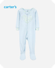 CARTERS BLUE STRIPED HEART APPLIQUE FOOTED ROMPER