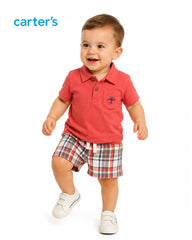 CARTERS CORAL 2 PCS POLO T-SHIRT WITH PLAID SHORT SET