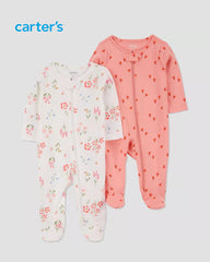 CARTERS GIRLS 2 PACK FLORAL AND LADYBUG SLEEP & PLAY ROMPER SET