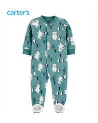 CARTERS GREEN ALL OVER PRINT FLEECE SLEEP & PLAY ROMPER