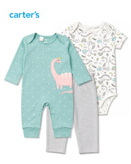 CARTERS GREEN SWEET DINO ROMPER 3 PCS SET