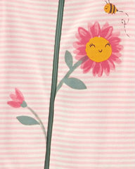 CARTERS PINK STRIPED FLOWER ZIP UP ROMPER