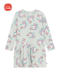 COOL CLUB GREY LONG SLEEVE UNICORN PRINTED DRESS