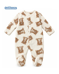 CUDDLESOME CREAM TEDDY PRINT FLEECE SLEEPSUIT