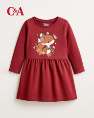 C&A BURGUNDY PRINTED LONG SLEEVE DRESS
