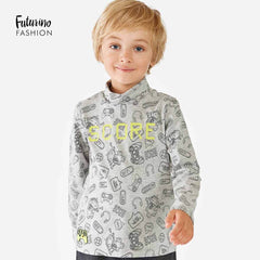 FUTURINO FASHION GREY TURTLENECK PRINTED LONG SLEEVE T-SHIRT