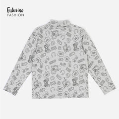 FUTURINO FASHION GREY TURTLENECK PRINTED LONG SLEEVE T-SHIRT