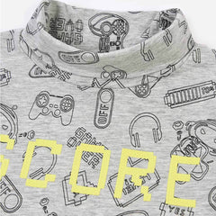 FUTURINO FASHION GREY TURTLENECK PRINTED LONG SLEEVE T-SHIRT