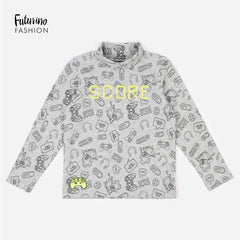 FUTURINO FASHION GREY TURTLENECK PRINTED LONG SLEEVE T-SHIRT