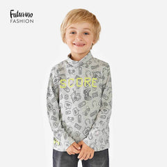 FUTURINO FASHION GREY TURTLENECK PRINTED LONG SLEEVE T-SHIRT