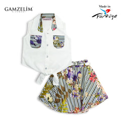 GAMZELIM WHITE FLORAL TOP WITH PRINTED SKIRT 2 PCS SET
