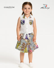 GAMZELIM WHITE FLORAL TOP WITH PRINTED SKIRT 2 PCS SET