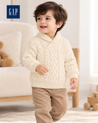 GAP OFF WHITE CABLE KNIT SHAWL COLLAR SWEATER