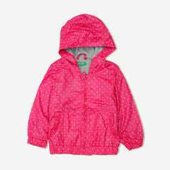 GIRLS PINK DOTTED WINDBREAKER WITH HOOD