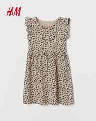 H&M BEIGE PRINTED FRILLED SLEEVE DRESS