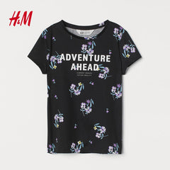 H&M BLACK FLORAL AVENTURE AHEAD T-SHIRT